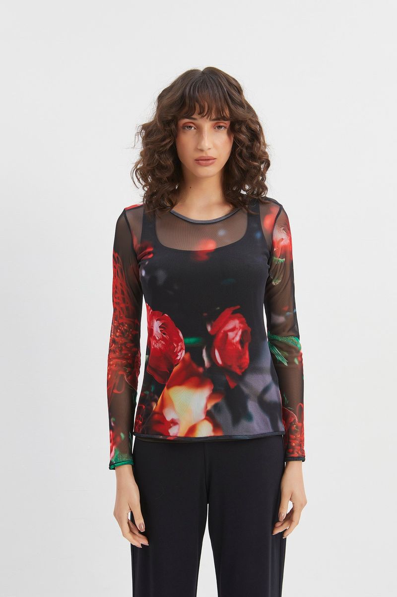 Blusa tule segunda pele manga longa floral burnet