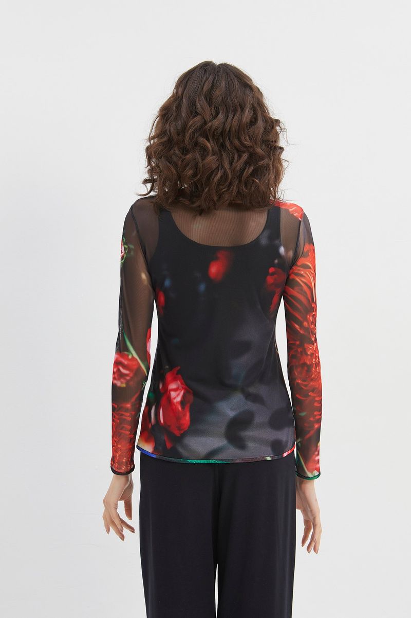 Blusa tule segunda pele manga longa floral burnet