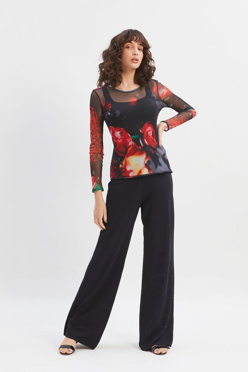Blusa tule segunda pele manga longa floral burnet