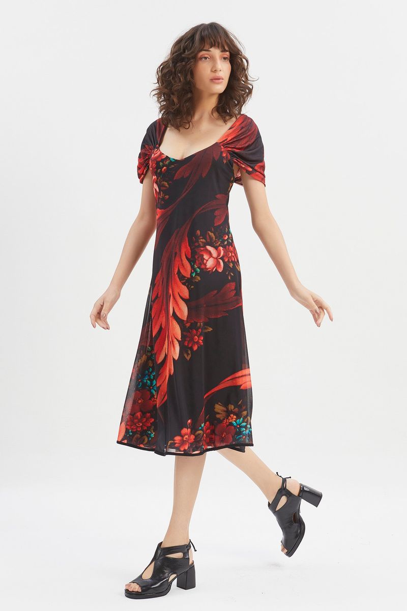 Vestido tule manga franzida floral diagonal