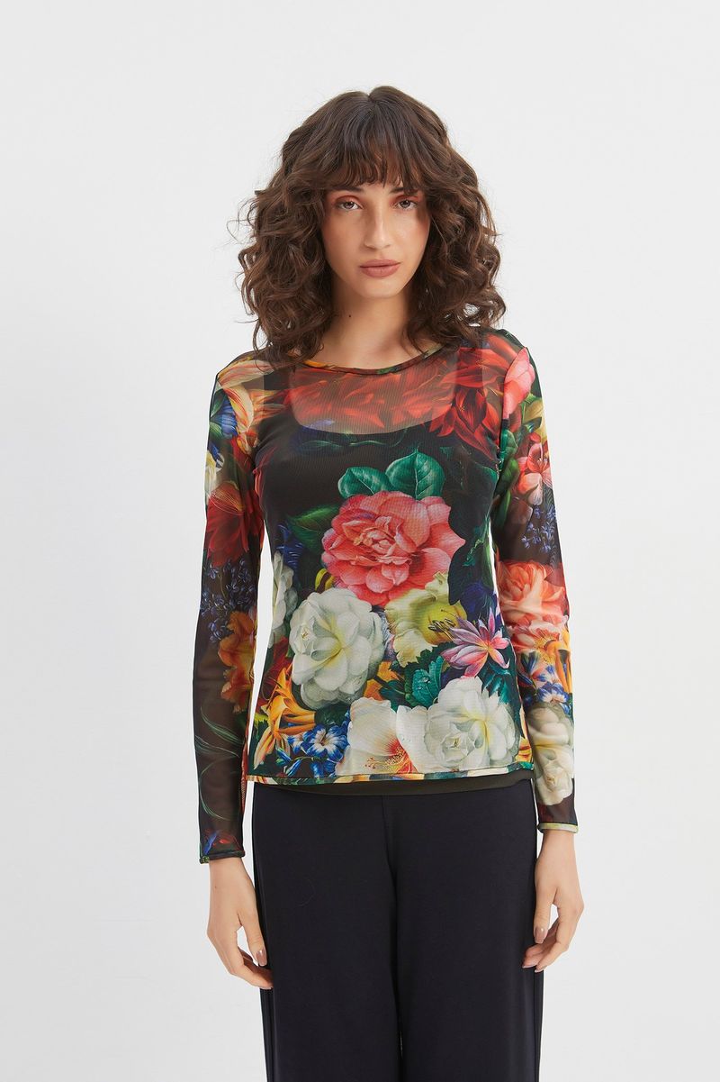 Blusa tule segunda pele manga longa flores coloridas