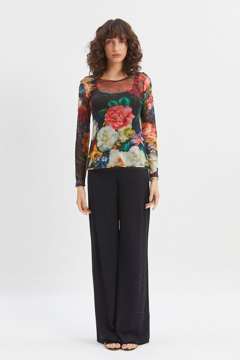 Blusa tule segunda pele manga longa flores coloridas