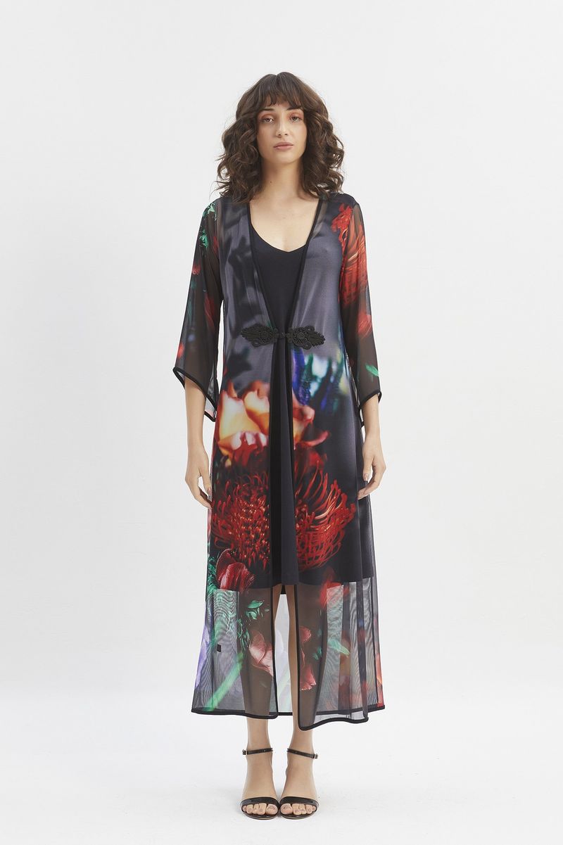 Kimono Longo Tule Floral Burnet