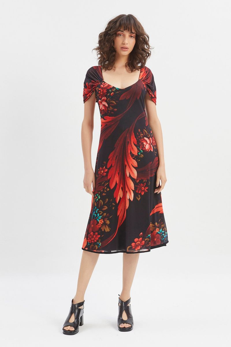 Vestido tule manga franzida floral diagonal