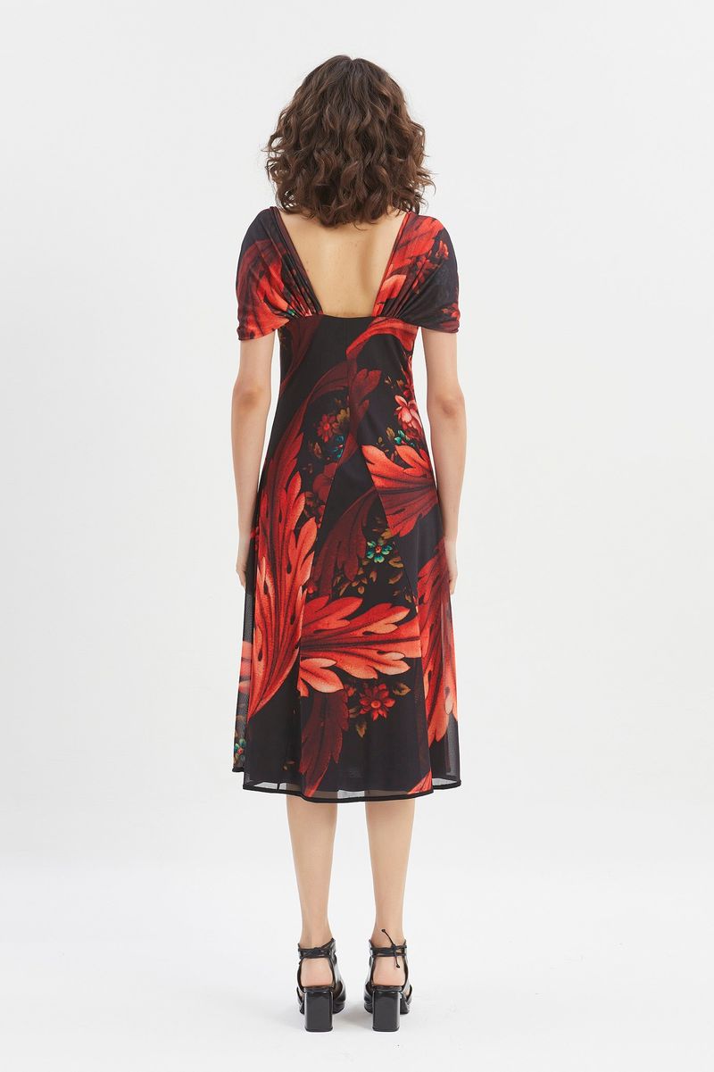 Vestido tule manga franzida floral diagonal