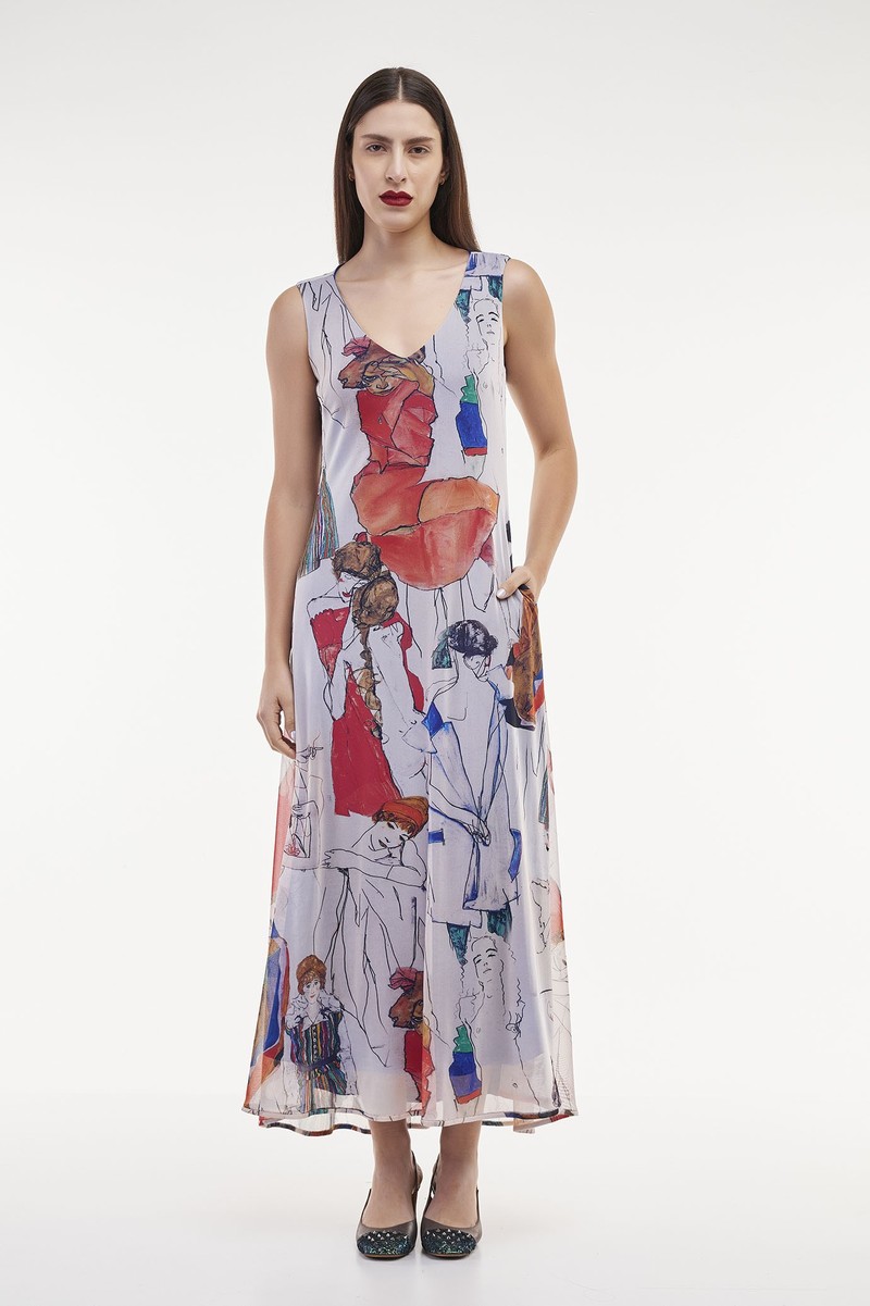 Vestido Longo Tule Estampado Mulheres Egon Schiele