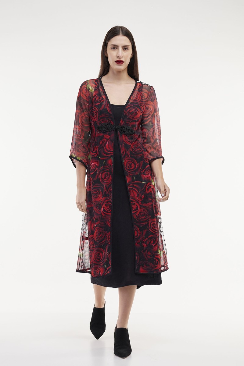 Kimono Longo de tule Poa com Rosas