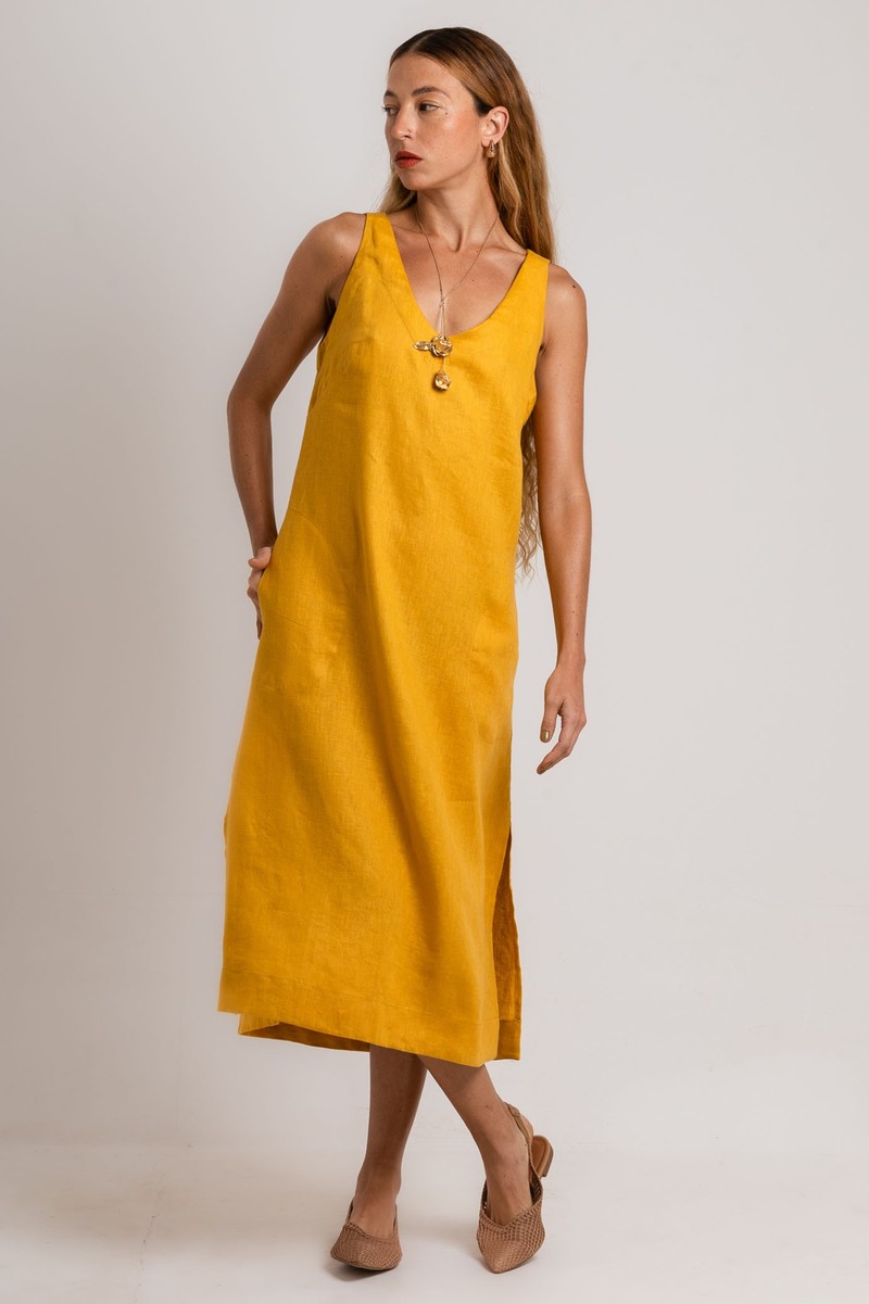 Vestido Midi Linho Amarelo Decote V