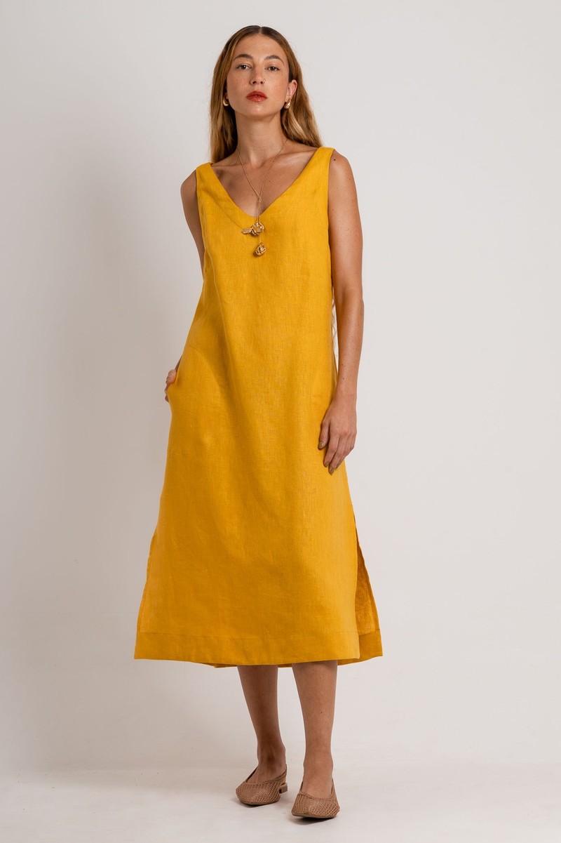 Vestido Midi Linho Amarelo Decote V