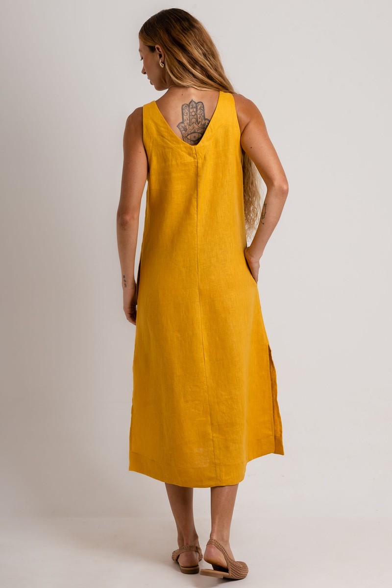 Vestido Midi Linho Amarelo Decote V