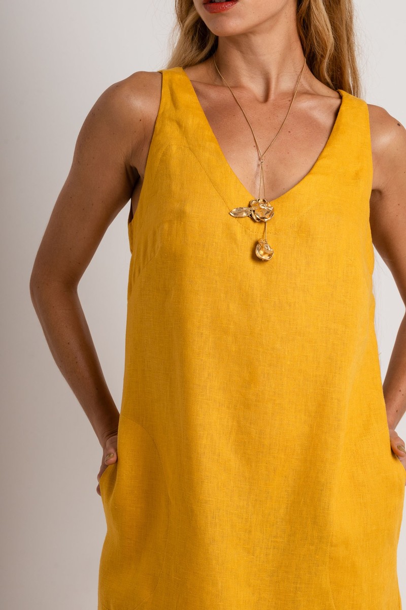 Vestido Midi Linho Amarelo Decote V