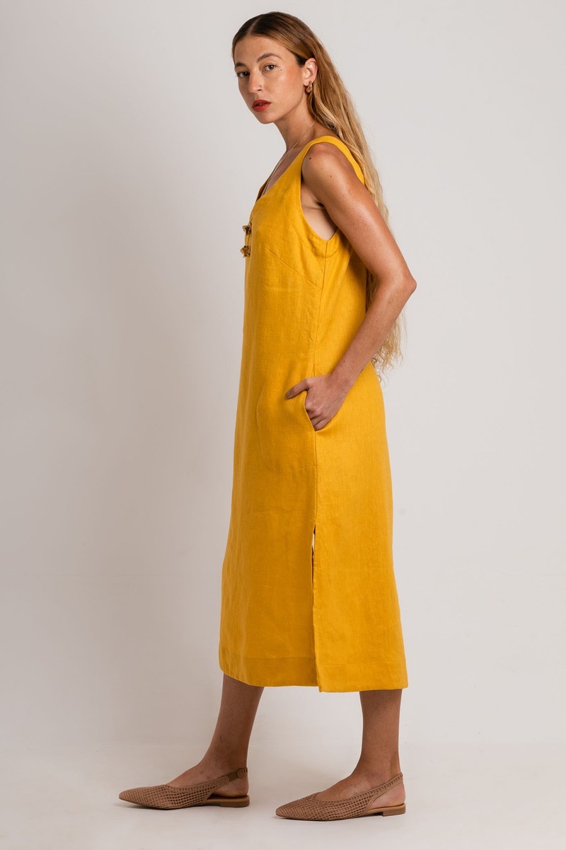 Vestido Midi Linho Amarelo Decote V