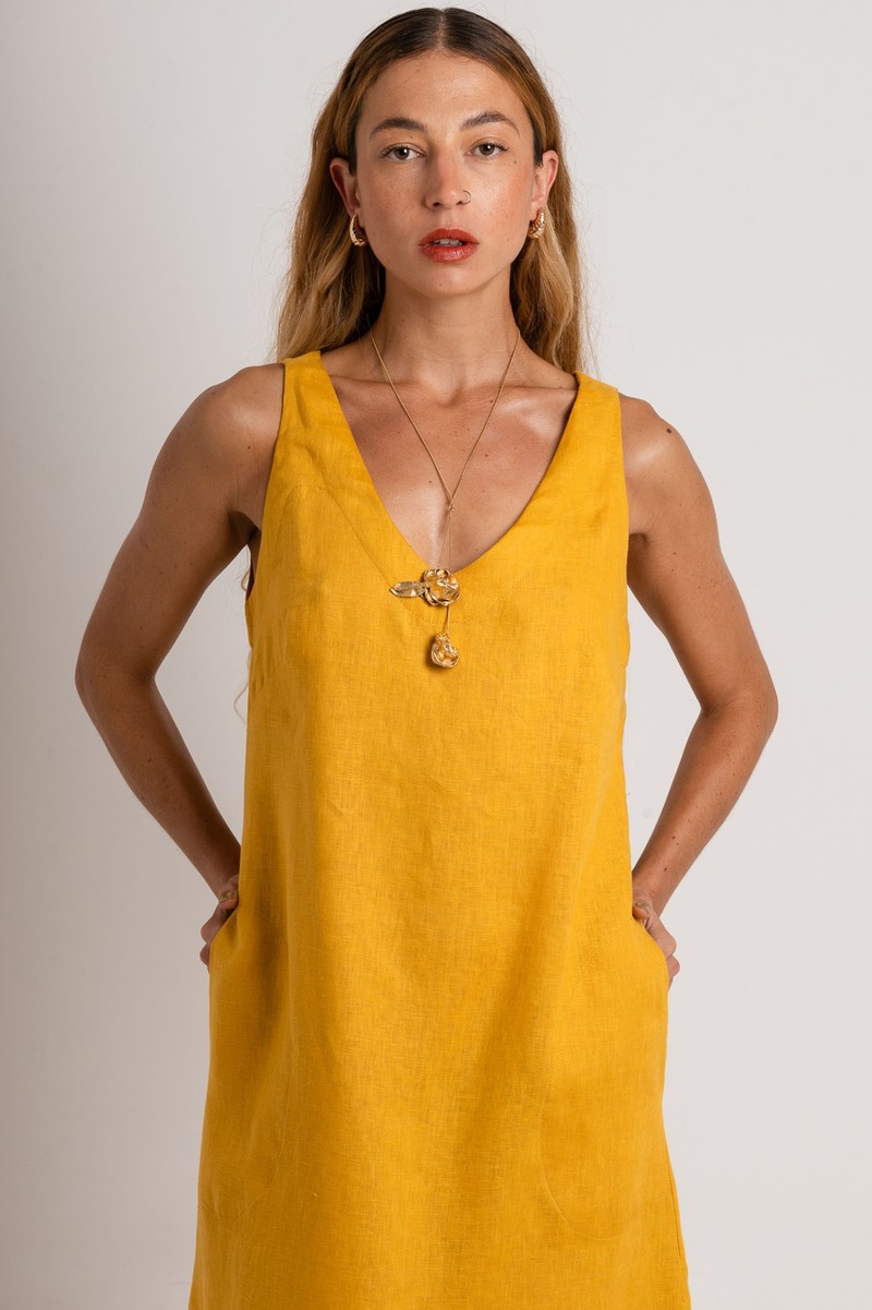 Vestido Midi Linho Amarelo Decote V