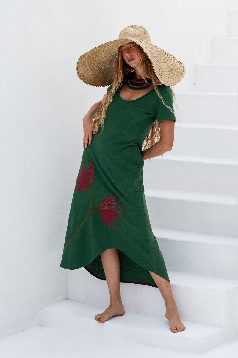 Vestido Midi de malha verde bordado Flor Tulipa