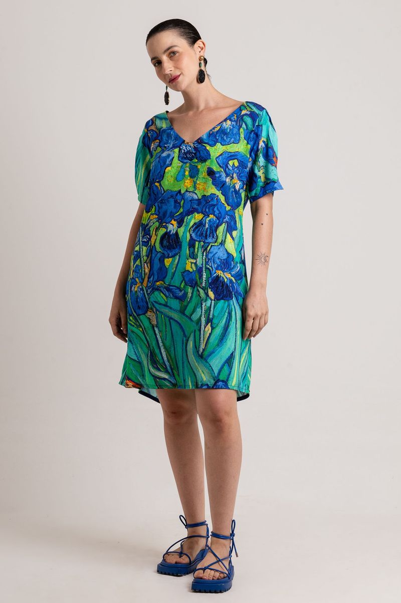 Vestido curto Van Gogh Orquidea manga aberta
