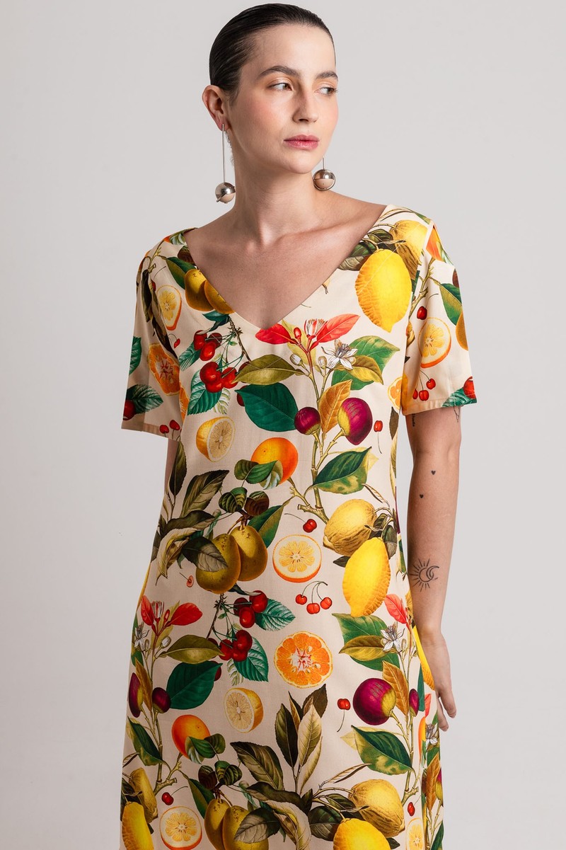 Vestido curto manga aberta Frutas Cítricas