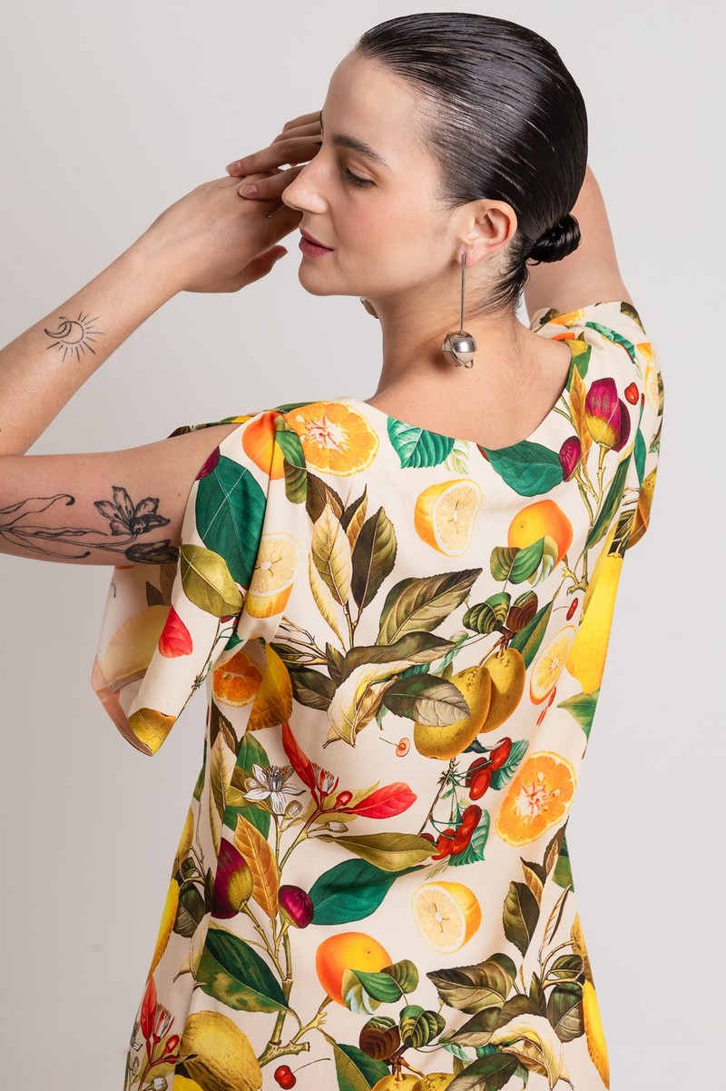 Vestido curto manga aberta Frutas Cítricas