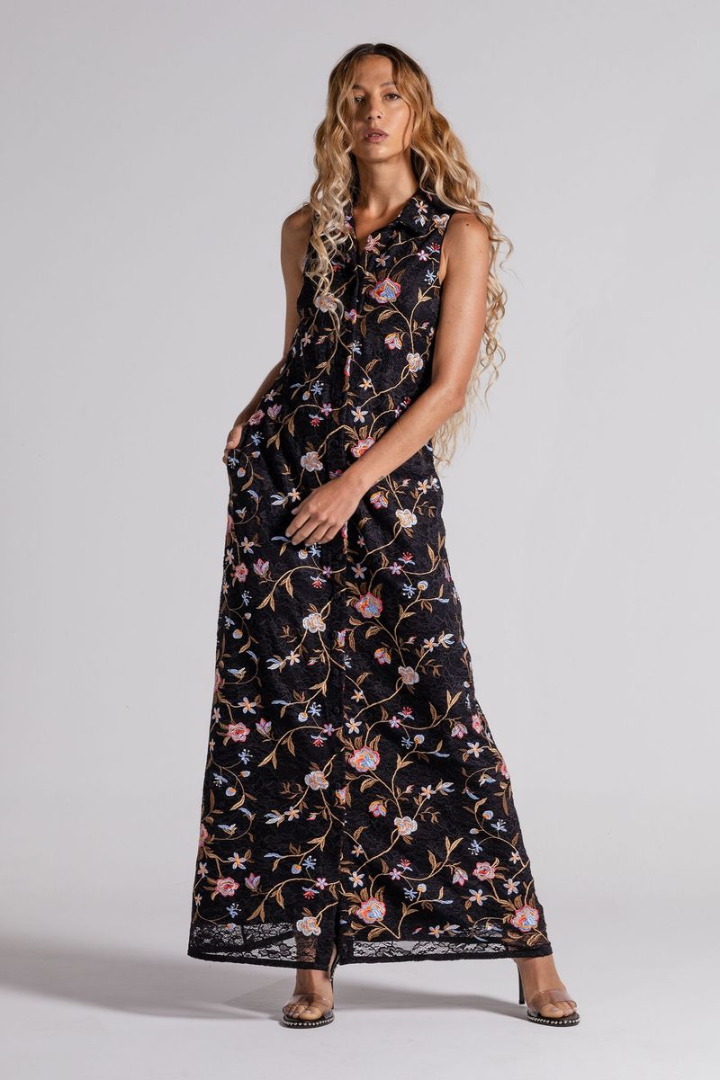 Vestido Longo preto de renda Chemise Bordado flores