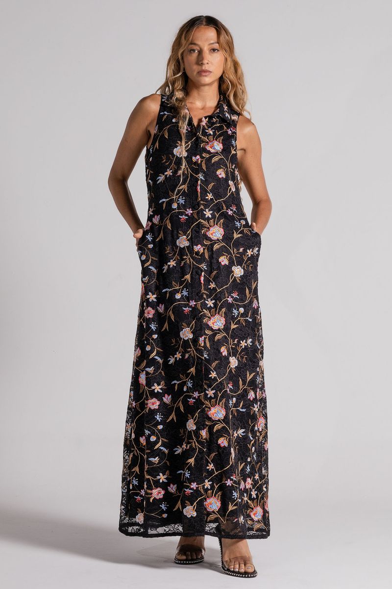 Vestido Longo preto de renda Chemise Bordado flores