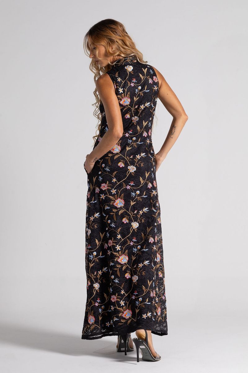 Vestido Longo preto de renda Chemise Bordado flores