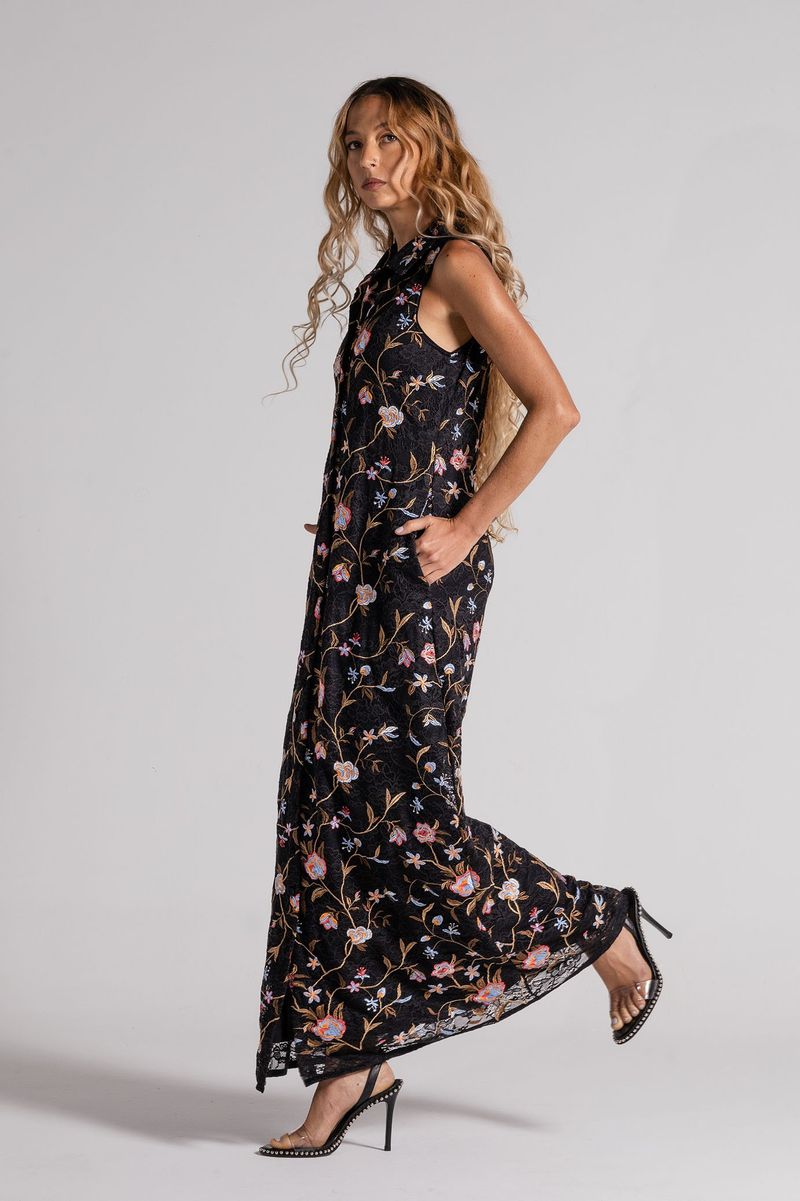 Vestido Longo preto de renda Chemise Bordado flores