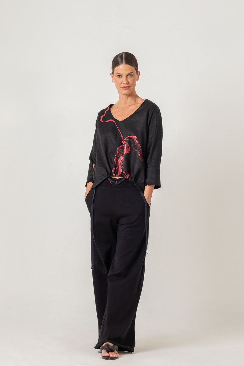 Blusa de Linho preta com franzido frente