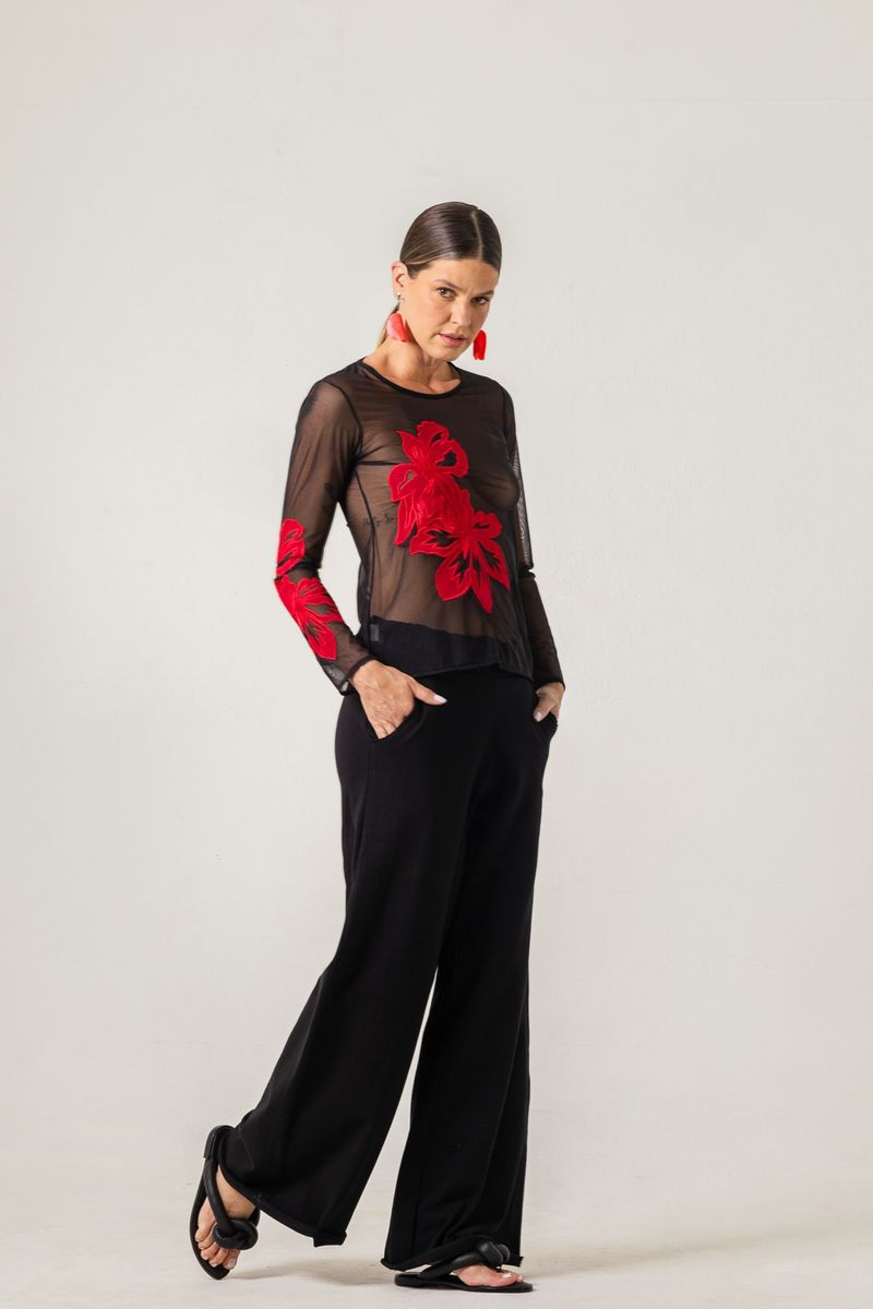 Blusa de Tule preta com aplicação vermelha