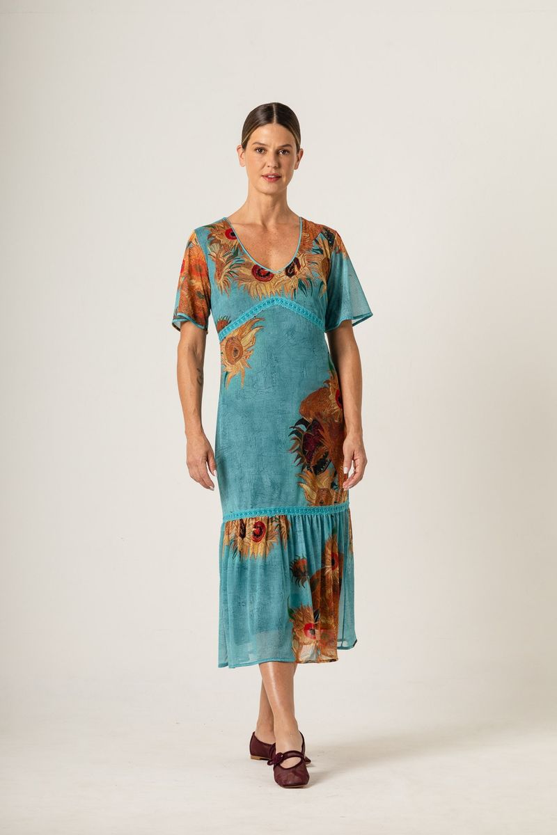 Vestido Midi de Tule Passa Fita Van Gogh Sunflowers