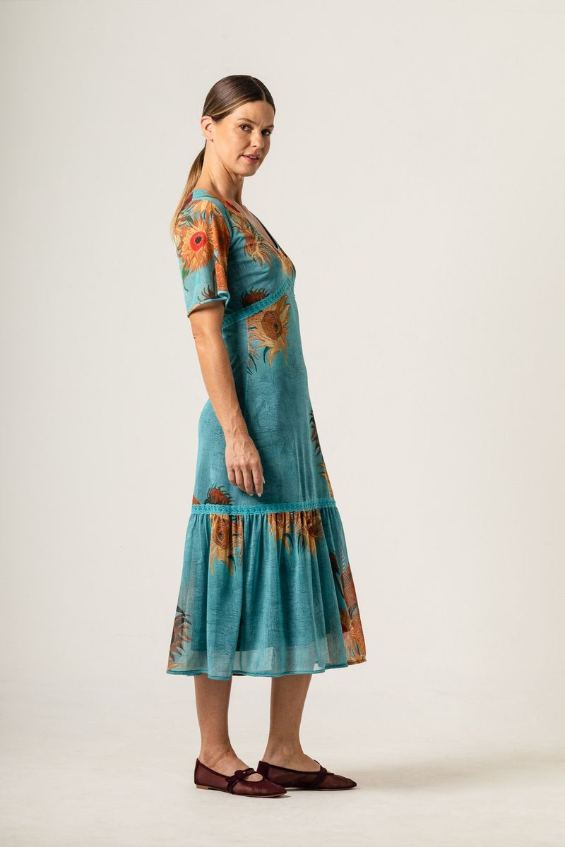 Vestido Midi de Tule Passa Fita Van Gogh Sunflowers