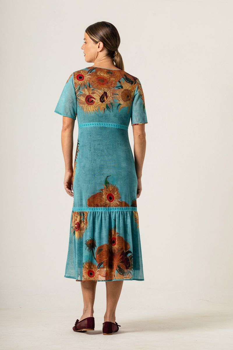 Vestido Midi de Tule Passa Fita Van Gogh Sunflowers