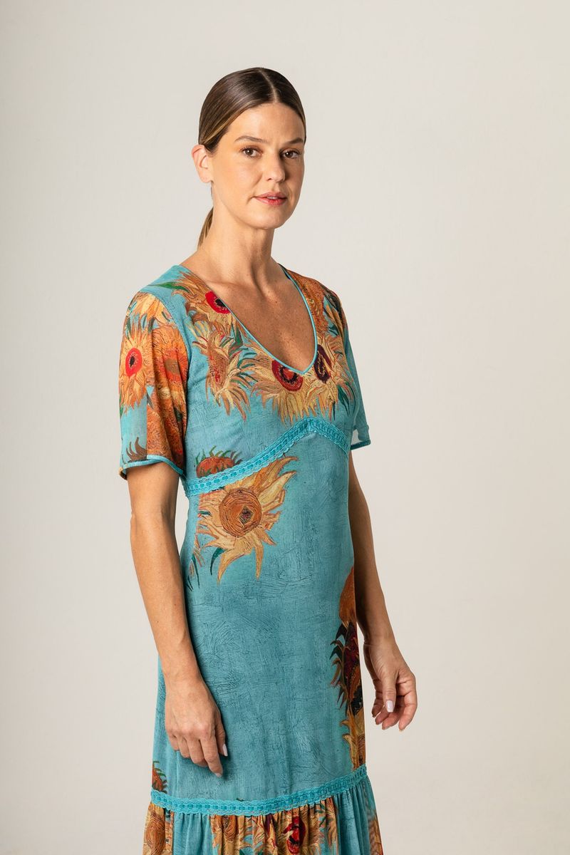 Vestido Midi de Tule Passa Fita Van Gogh Sunflowers