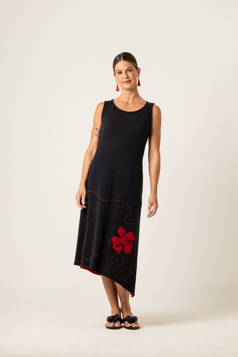 Vestido Midi de Malha Preto Com Bordados Linha