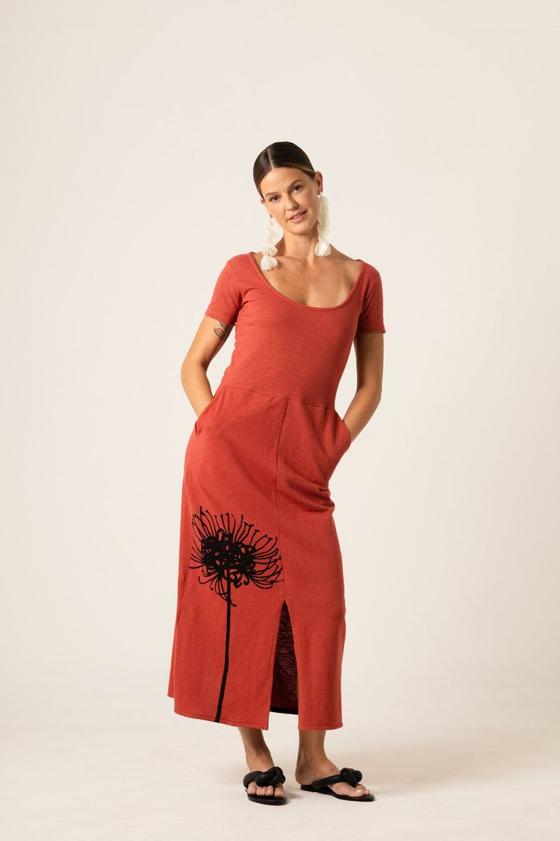 Vestido Midi de Malha marrom Decote U
