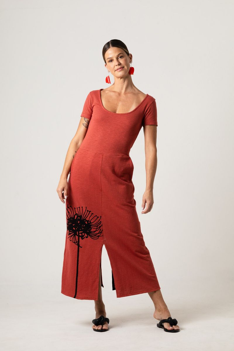 Vestido Midi de Malha marrom Decote U