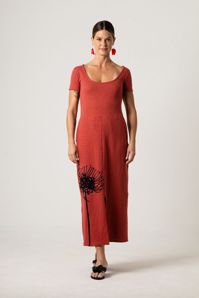 Vestido Midi de Malha marrom Decote U
