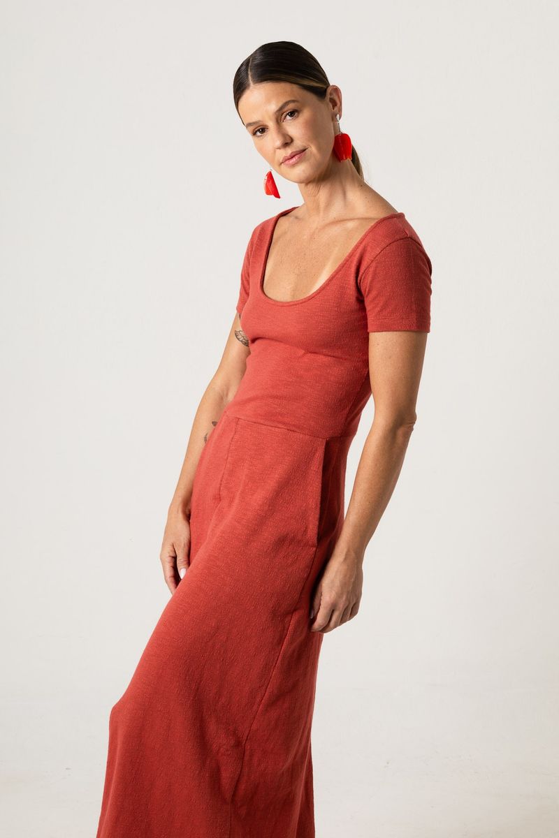 Vestido Midi de Malha marrom Decote U