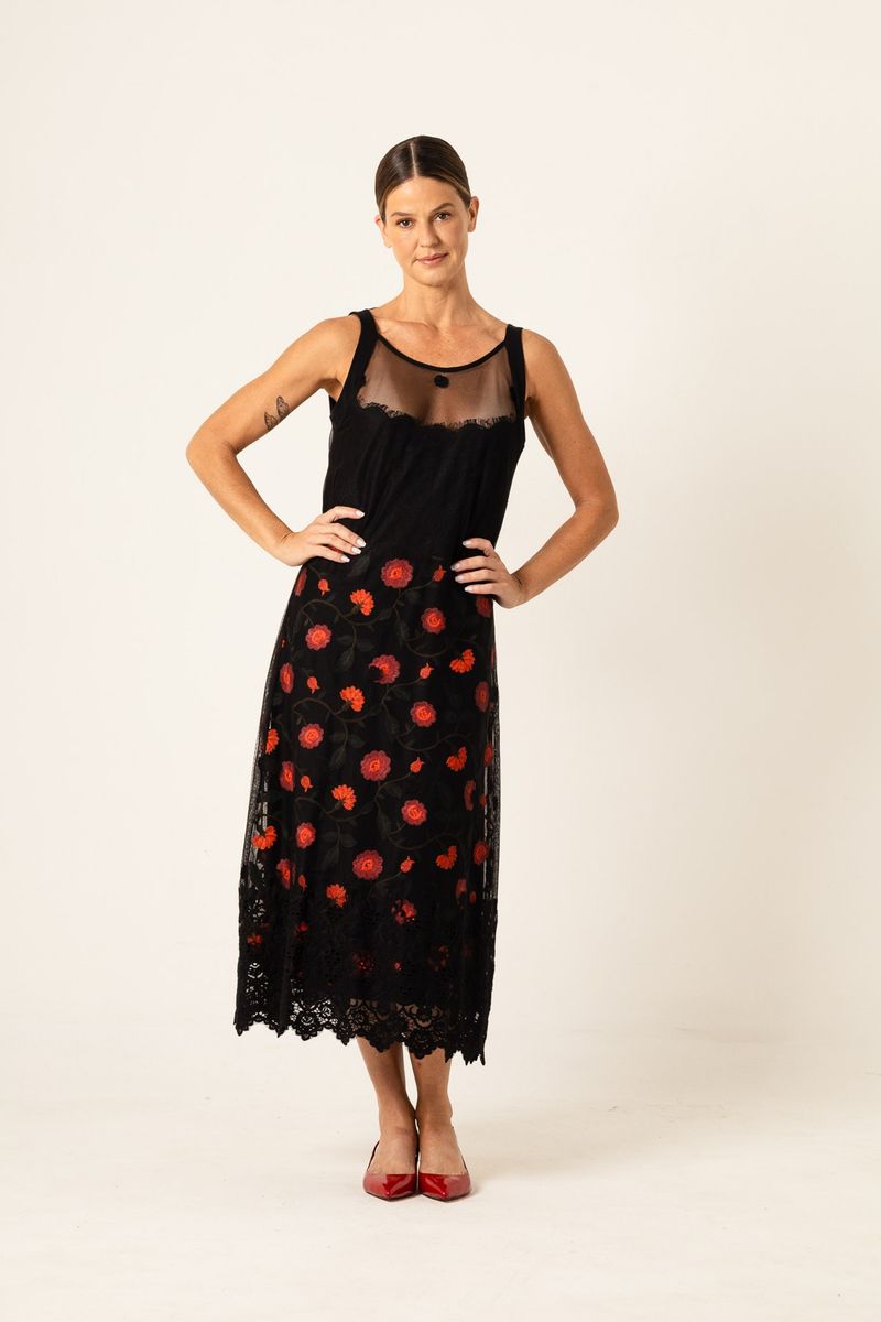 Vestido Longo de Renda e Tule Preto