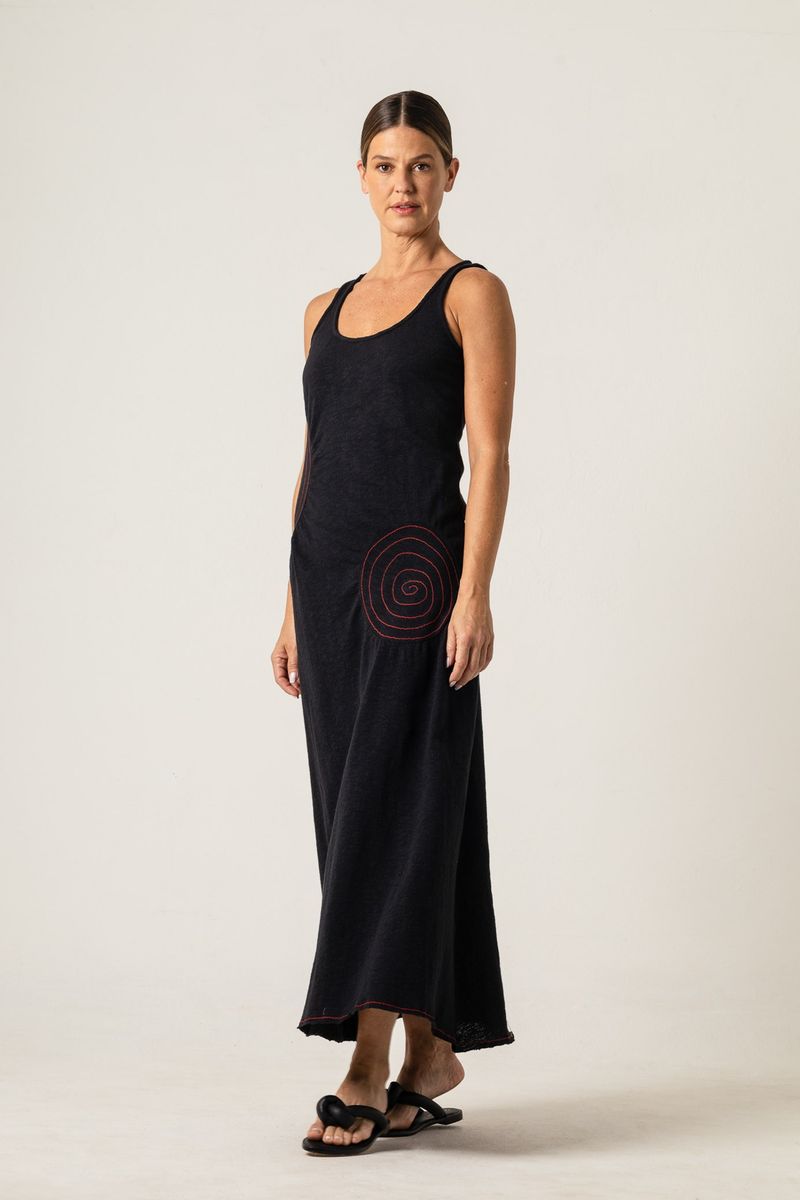 Vestido Longo de Malha Preto Bolas laterais 