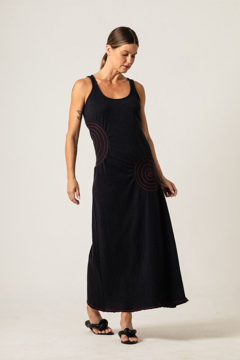 Vestido Longo de Malha Preto Bolas laterais 