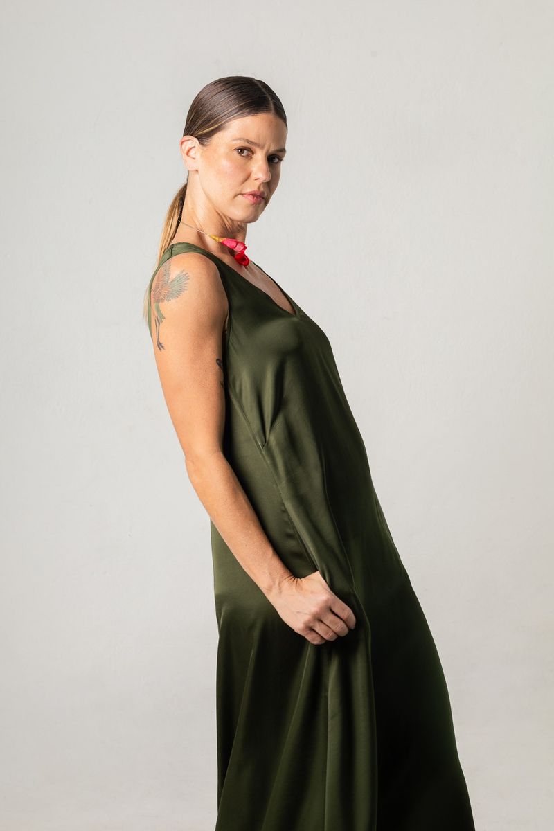 Vestido Longo de Cetim Verde