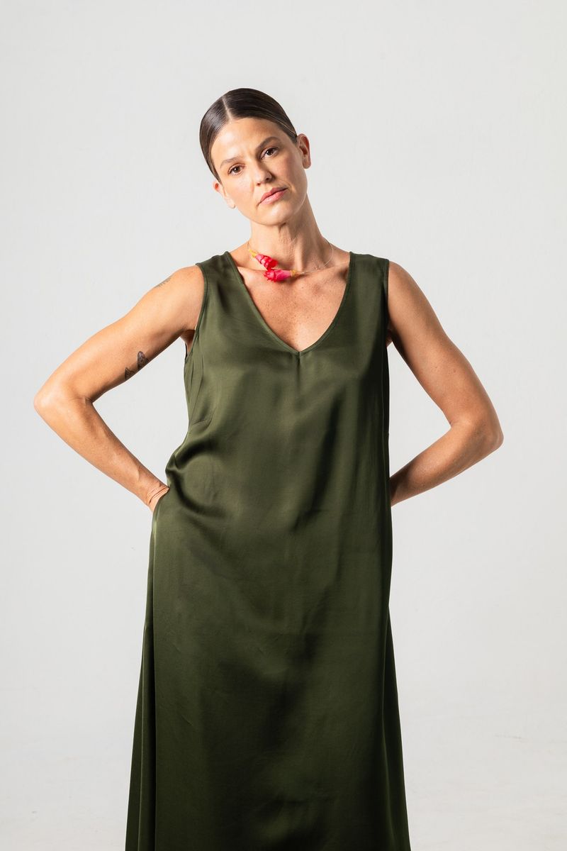 Vestido Longo de Cetim Verde