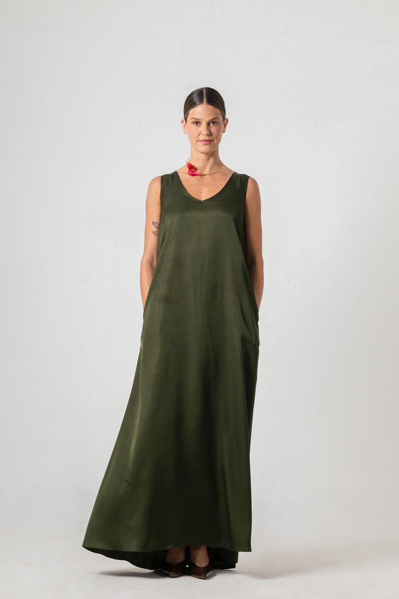 Vestido Longo de Cetim Verde