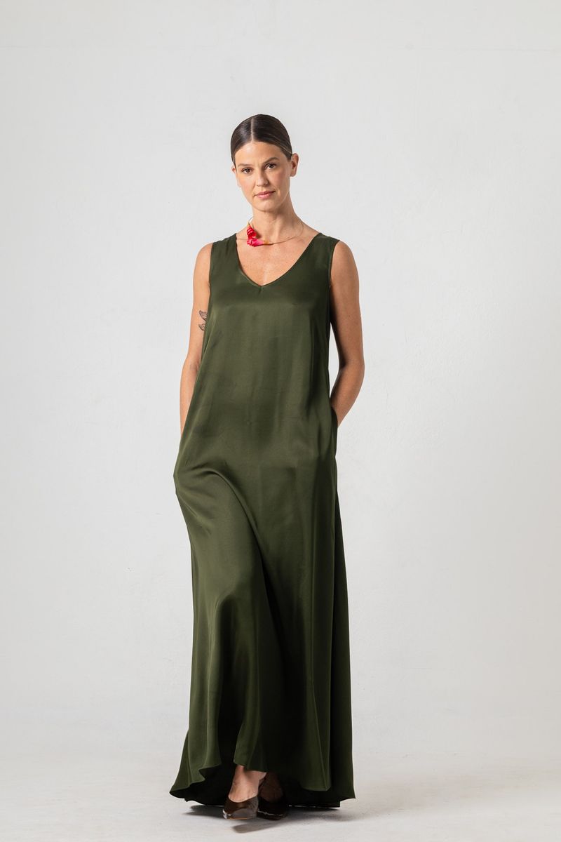 Vestido Longo de Cetim Verde