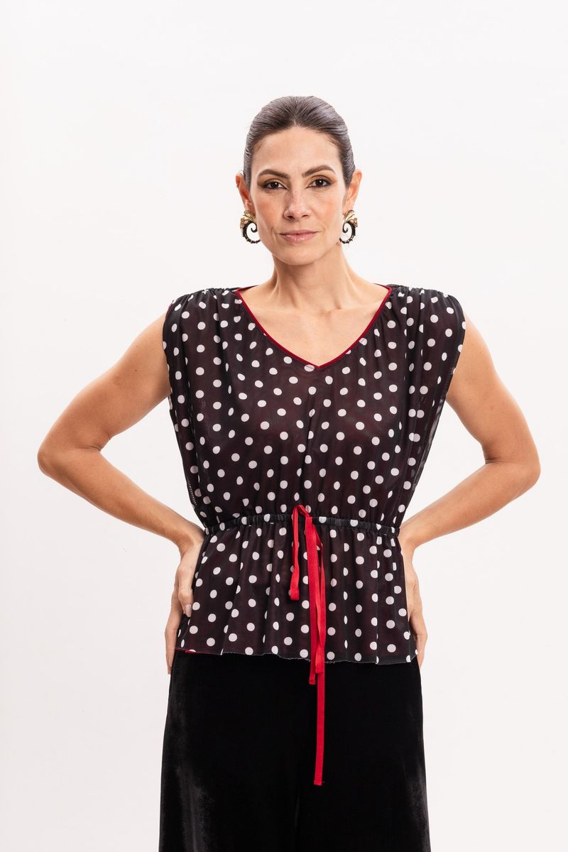 Blusa de Tule Poá com Franzido na Cintura