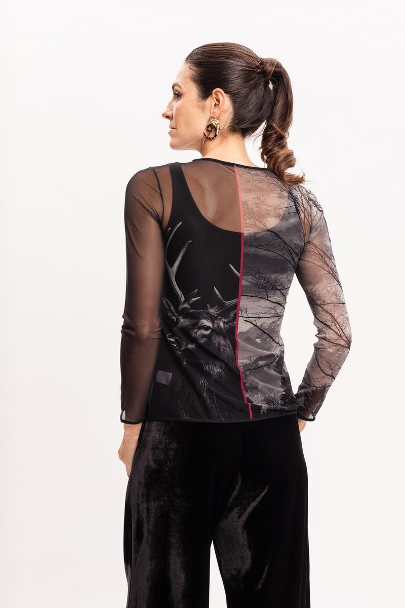 Blusa de Tule segunda pele Manga Longa Estampa Cervo