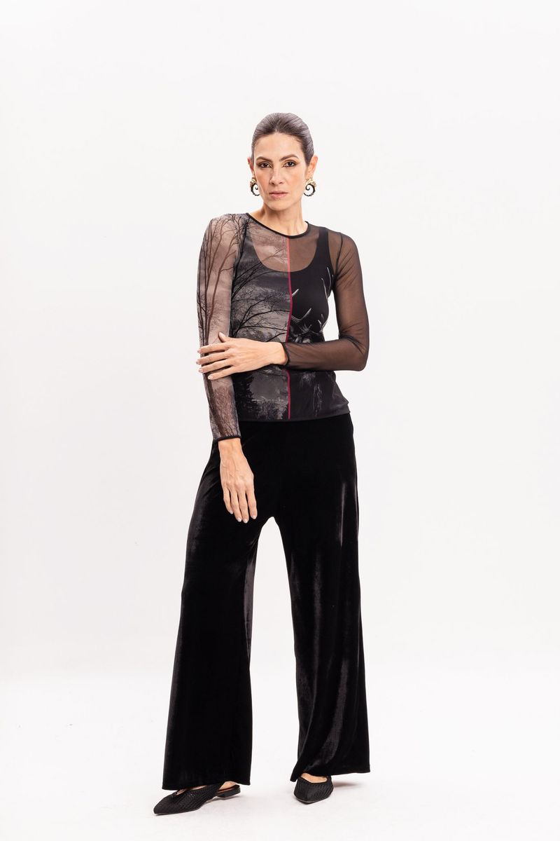 Blusa de Tule segunda pele Manga Longa Estampa Cervo