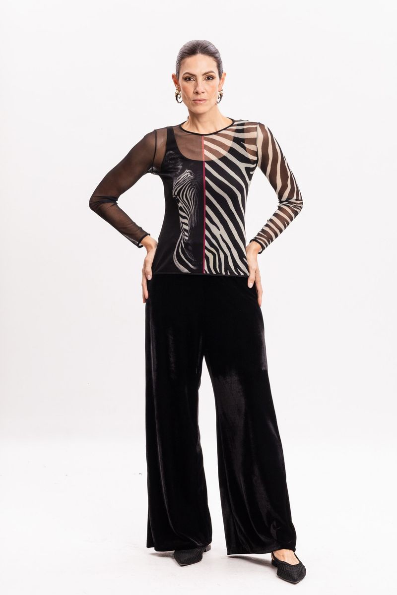 Blusa de Tule segunda pele manga longa Listras Zebrada