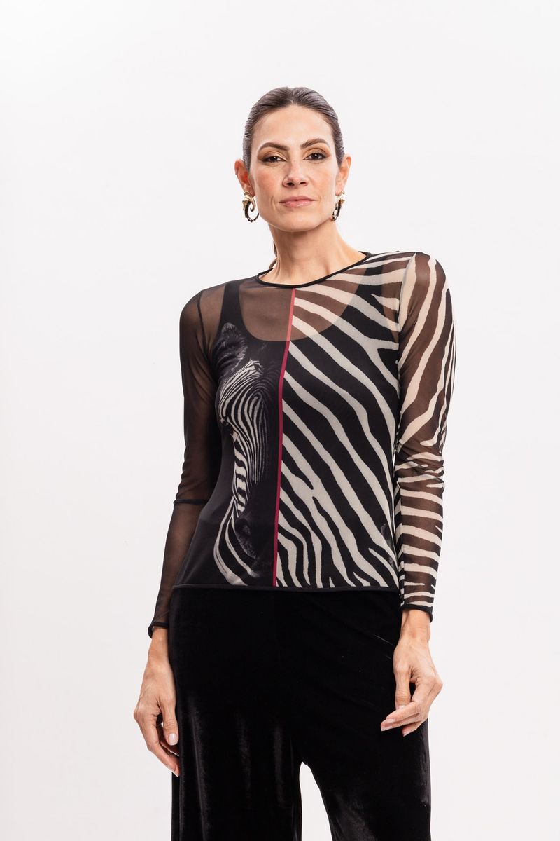 Blusa de Tule segunda pele manga longa Listras Zebrada