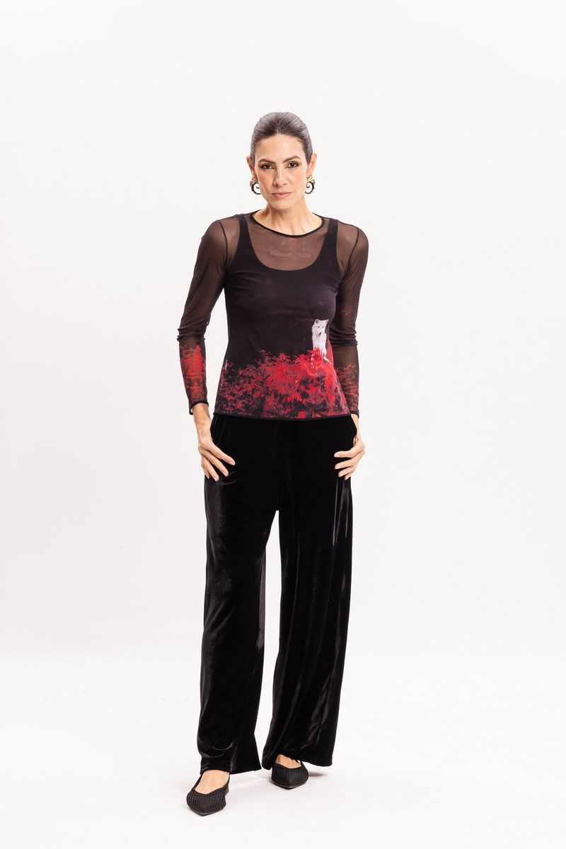 Blusa de Tule segunda pele manga longa Estampa Lobo