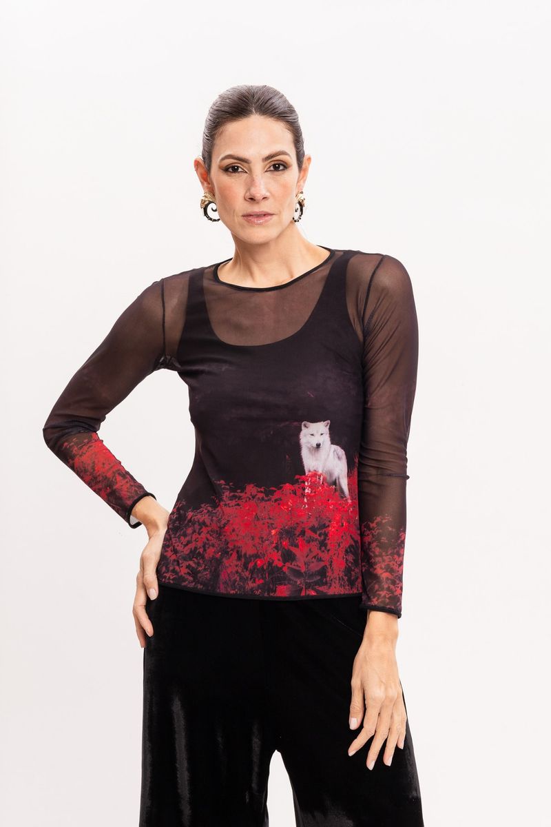 Blusa de Tule segunda pele manga longa Estampa Lobo